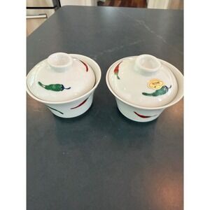 Arita Ware Japanese Porcelain Chili Pepper Lidded Chawanmushi  Bowls Set of 2